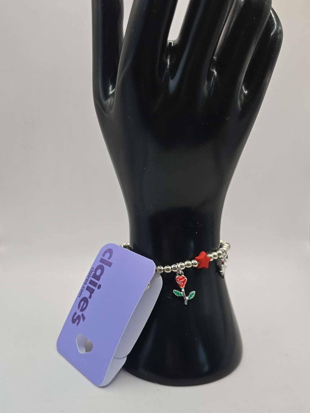 NEW Claire's Silver Beaded Bracelet with Red Rose and Red Star Accents